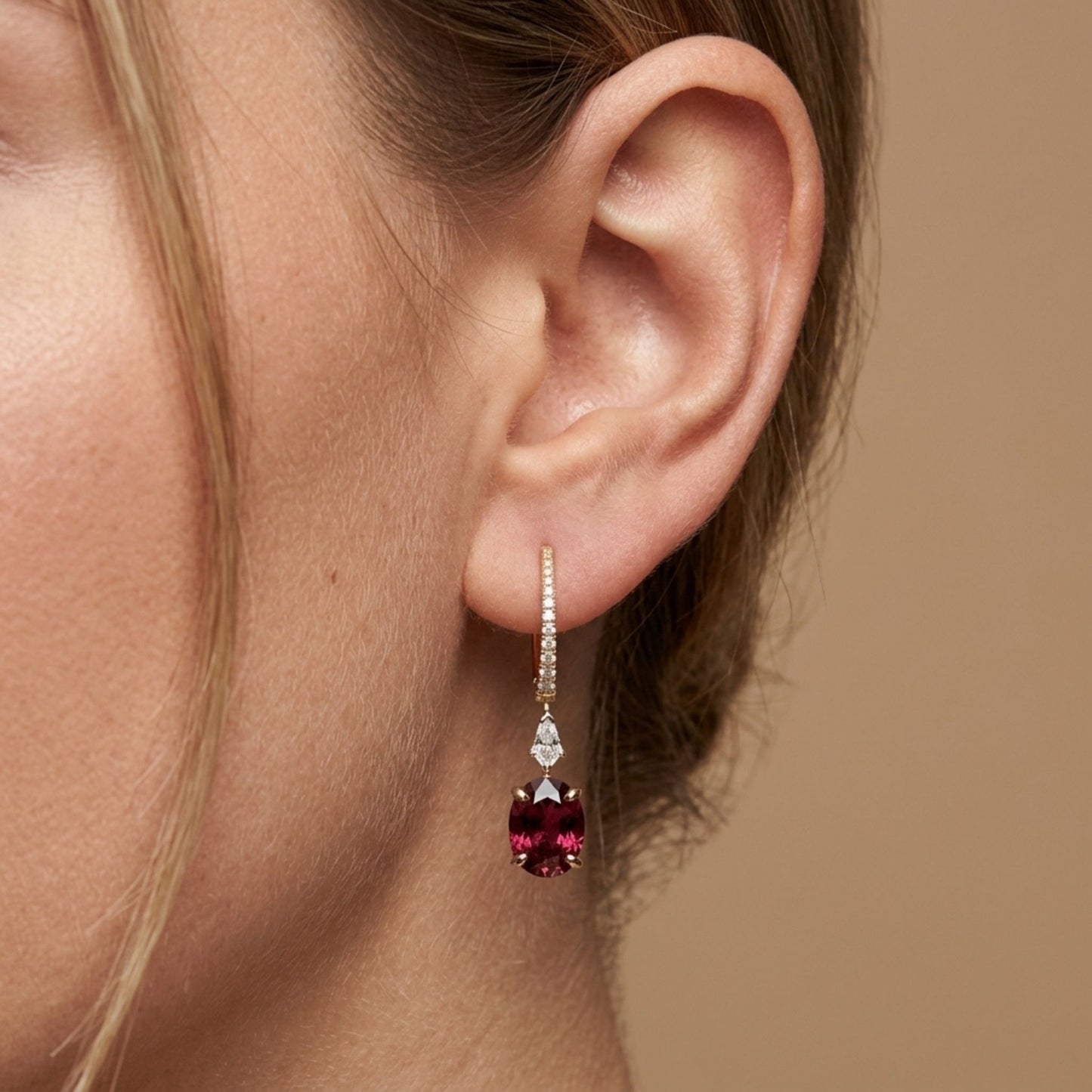 18K 3.06cttw Oval Rubellite 0.35cttw White Diamonds Drop Earrings