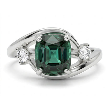 14K 1.17ct Cushion Lagoon Tourmaline 0.14cttw VS White Diamonds Ring
