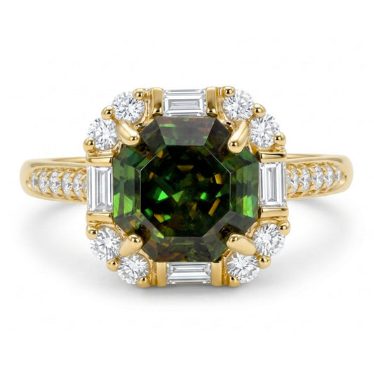 14K 2.05ct Asscher Cut Color Change Sphene 0.40cttw VS White Diamonds Ring