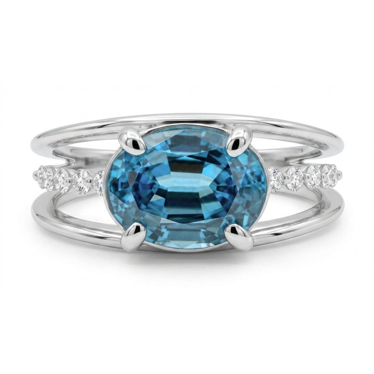 14K gold oval blue zircon ring with VS white diamonds