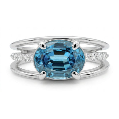 14K gold oval blue zircon ring with VS white diamonds