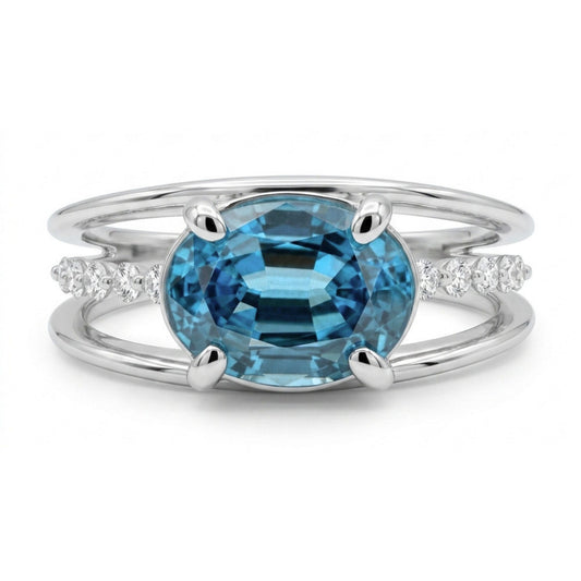 14K gold oval blue zircon ring with VS white diamonds