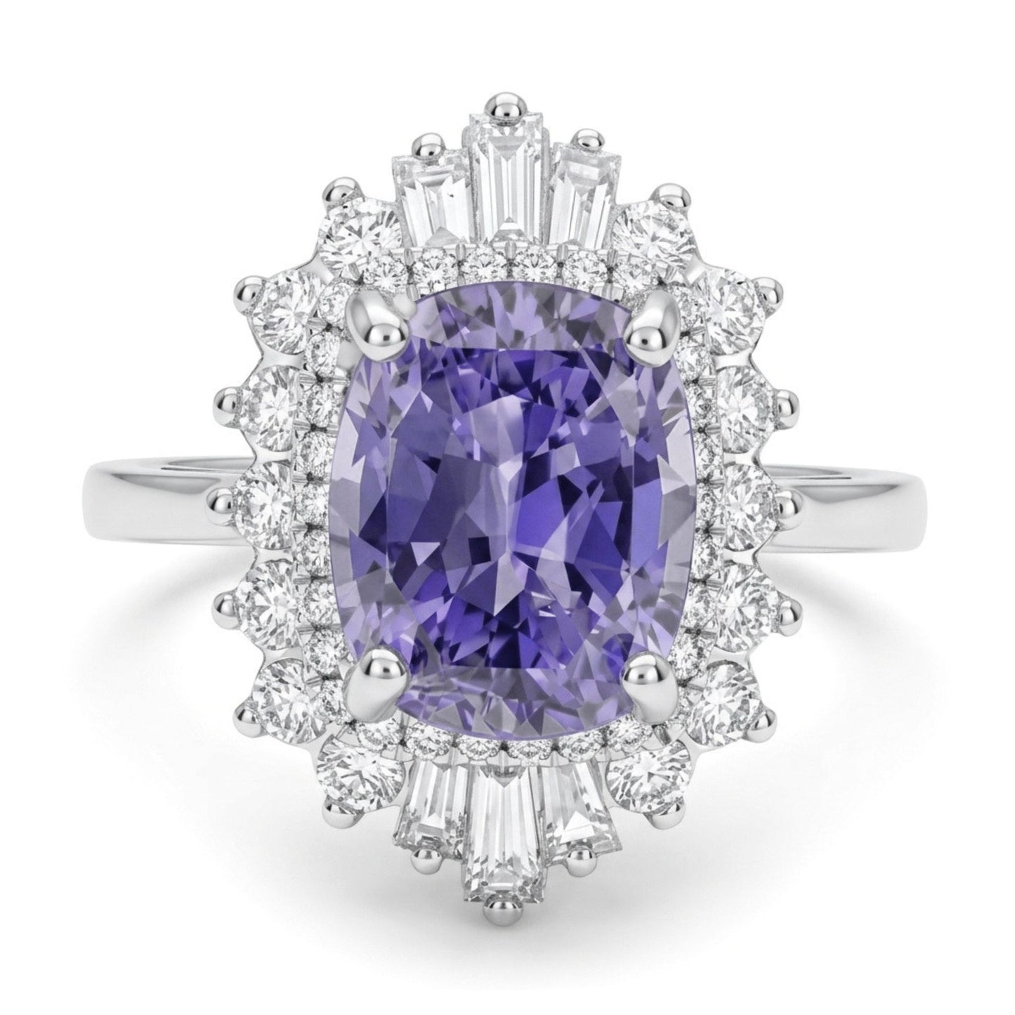 14K 2.70ct Cushion Unheated Purple Sapphire 0.51cttw VS White Diamonds Ring