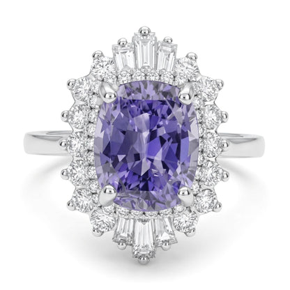 14K 2.70ct Cushion Unheated Purple Sapphire 0.51cttw VS White Diamonds Ring