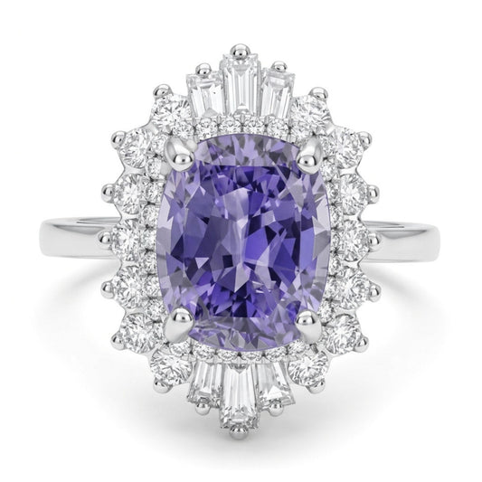 14K 2.70ct Cushion Unheated Purple Sapphire 0.51cttw VS White Diamonds Ring