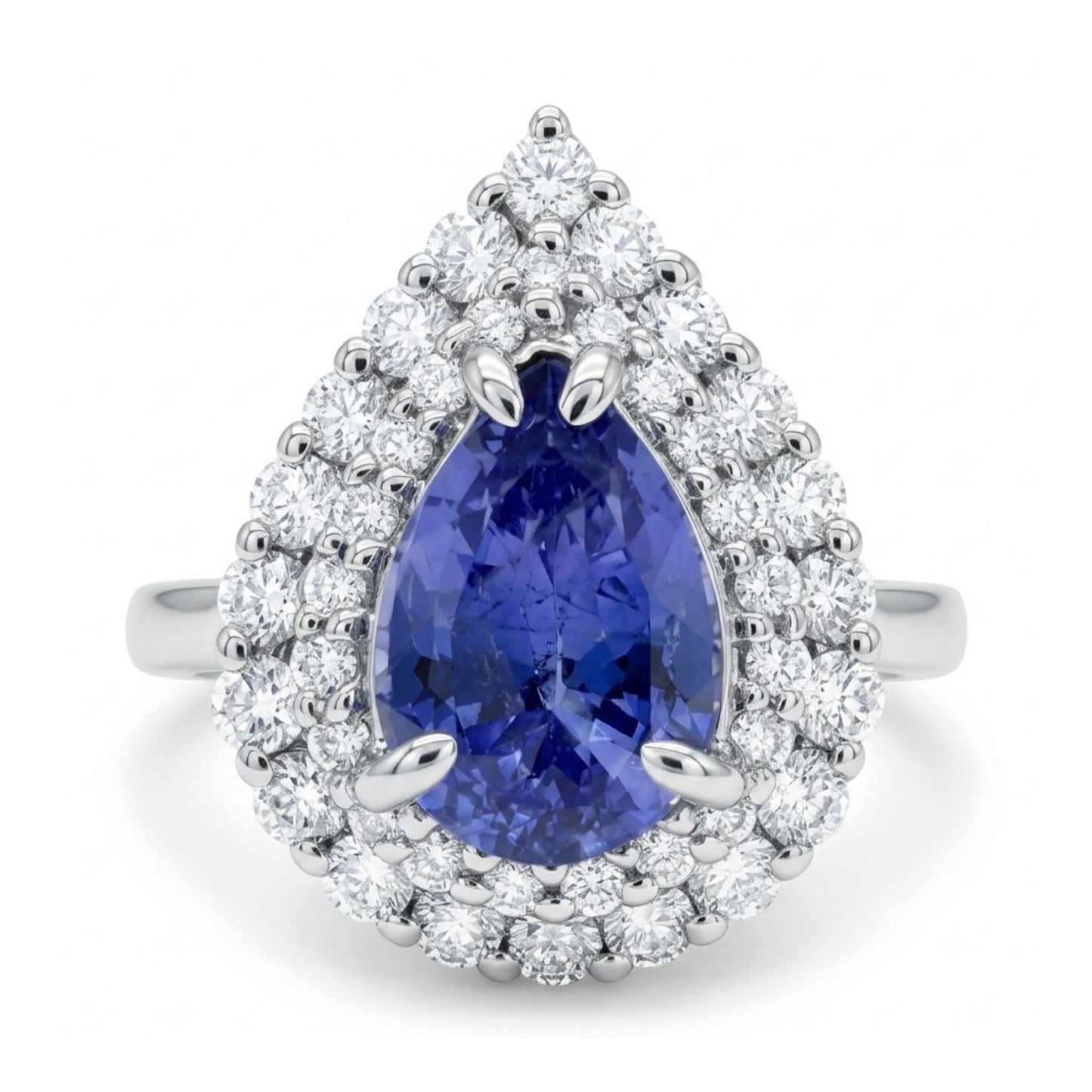 14K 1.86ct Pear Shape Unheated Cornflower Blue Sapphire 0.70cttw VS White Diamonds Ring