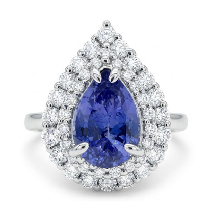 14K 1.86ct Pear Shape Unheated Cornflower Blue Sapphire 0.70cttw VS White Diamonds Ring