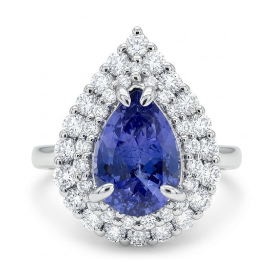 14K 1.86ct Pear Shape Unheated Cornflower Blue Sapphire 0.70cttw VS White Diamonds Ring