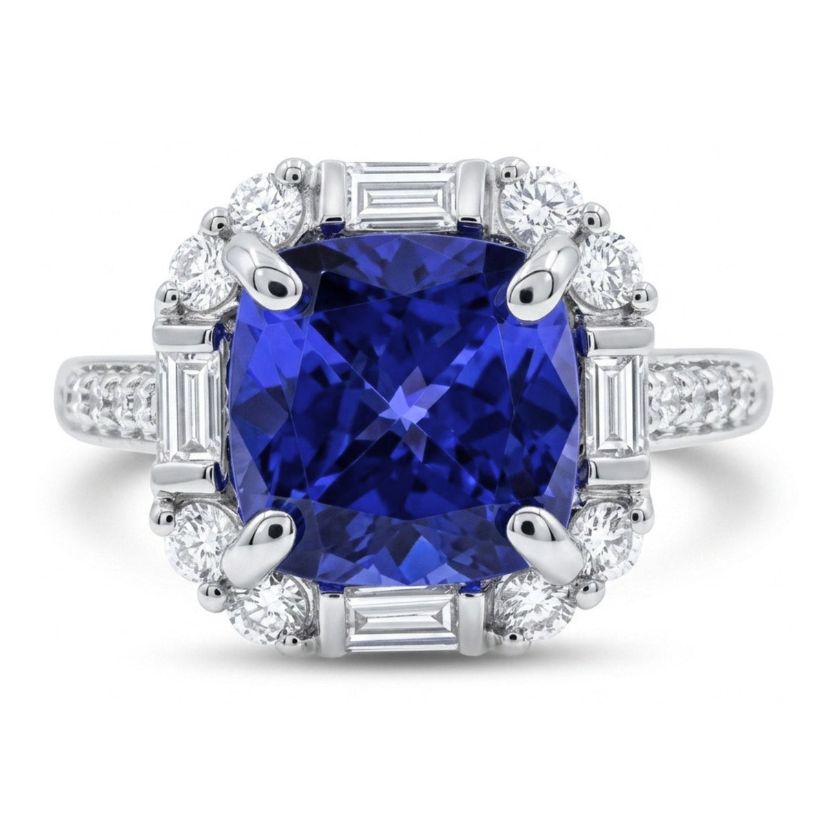 14K 1.66ct Cushion Blue Wing Tanzanite 0.40cttw VS White Diamonds Ring