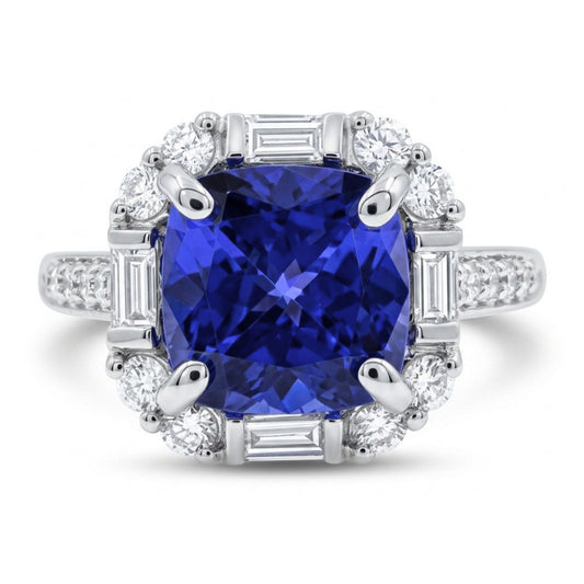 14K 1.66ct Cushion Blue Wing Tanzanite 0.40cttw VS White Diamonds Ring