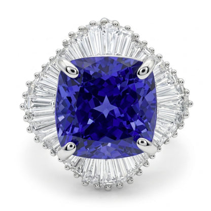 14K 4.67ct Cushion Blue Wing Tanzanite 0.82cttw VS White Diamonds Ring