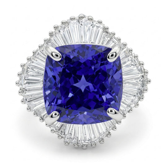 14K 4.67ct Cushion Blue Wing Tanzanite 0.82cttw VS White Diamonds Ring