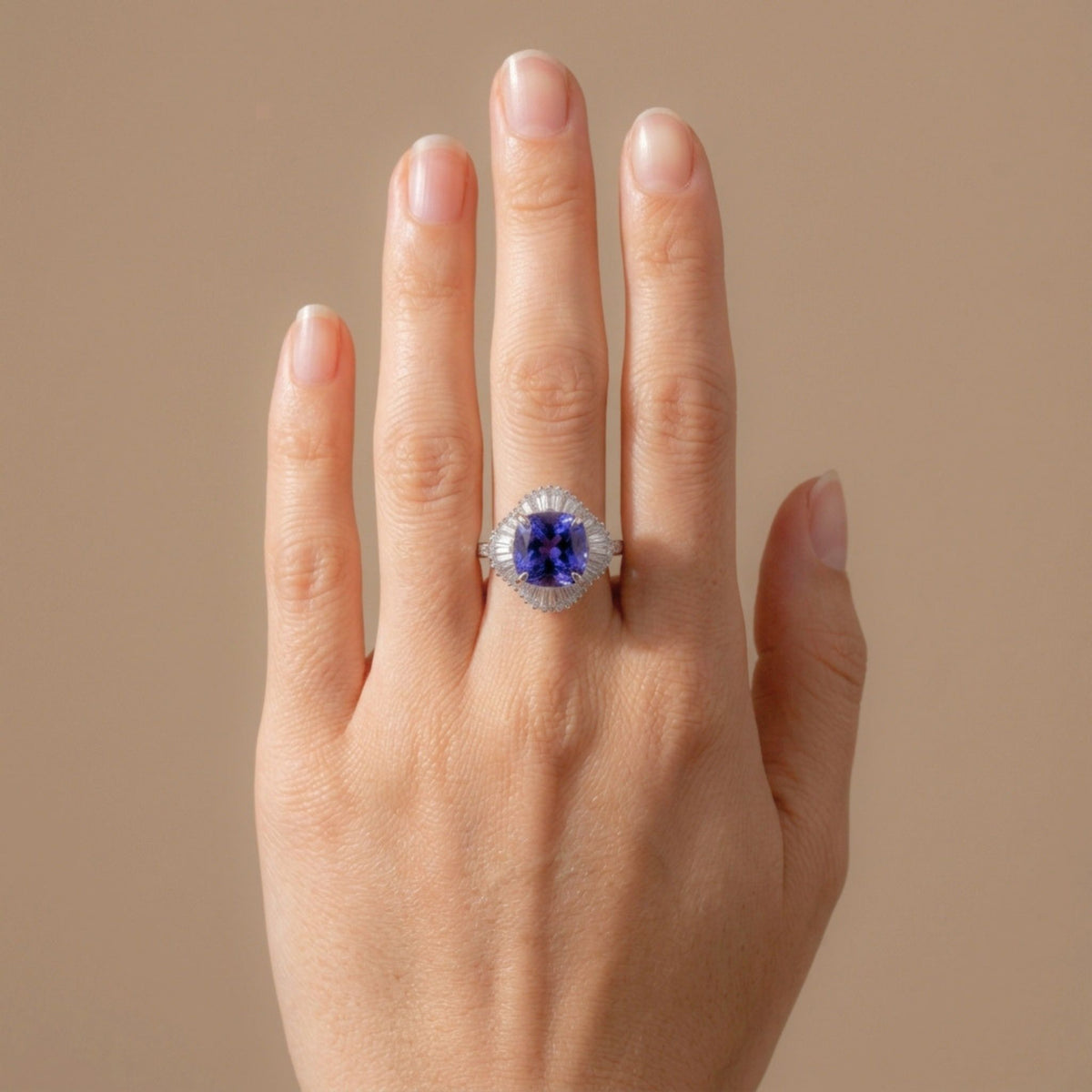 14K 4.67ct Cushion Blue Wing Tanzanite 0.82cttw VS White Diamonds Ring