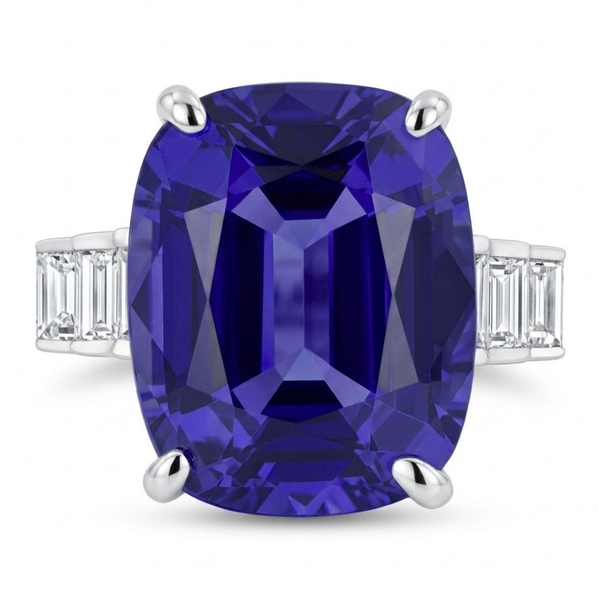 14K 13.47ct Cushion Blue Wing Tanzanite 0.73cttw Baguette VS White Diamond Ring