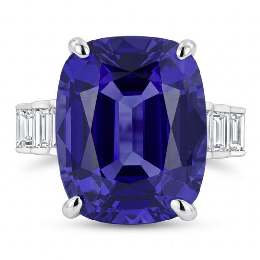 14K 13.47ct Cushion Blue Wing Tanzanite 0.73cttw Baguette VS White Diamond Ring