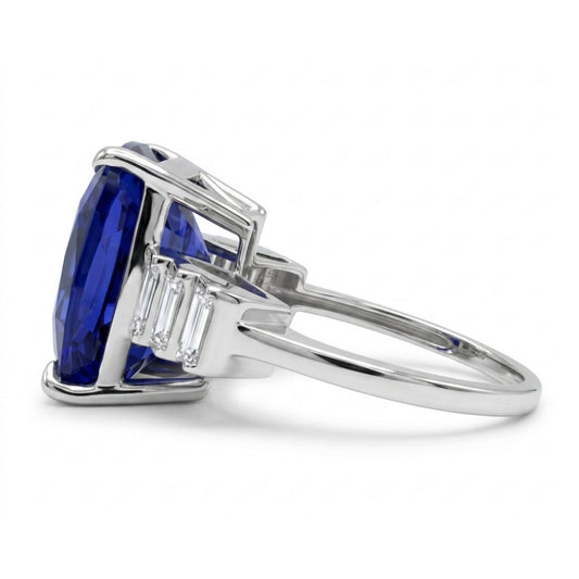 14K 13.47ct Cushion Blue Wing Tanzanite 0.73cttw Baguette VS White Diamond Ring
