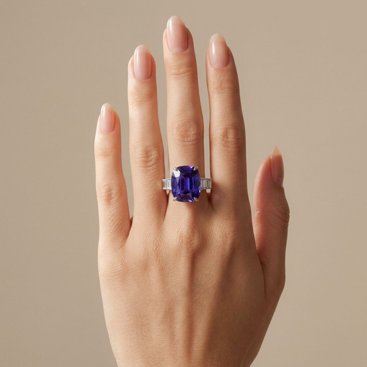 14K 13.47ct Cushion Blue Wing Tanzanite 0.73cttw Baguette VS White Diamond Ring