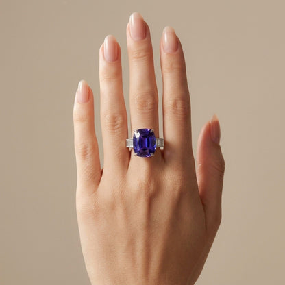 14K 13.47ct Cushion Blue Wing Tanzanite 0.73cttw Baguette VS White Diamond Ring