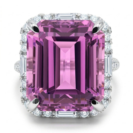 18K 11.15ct Emerald Cut Kunzite 1.10cttw VS White Diamonds Ring
