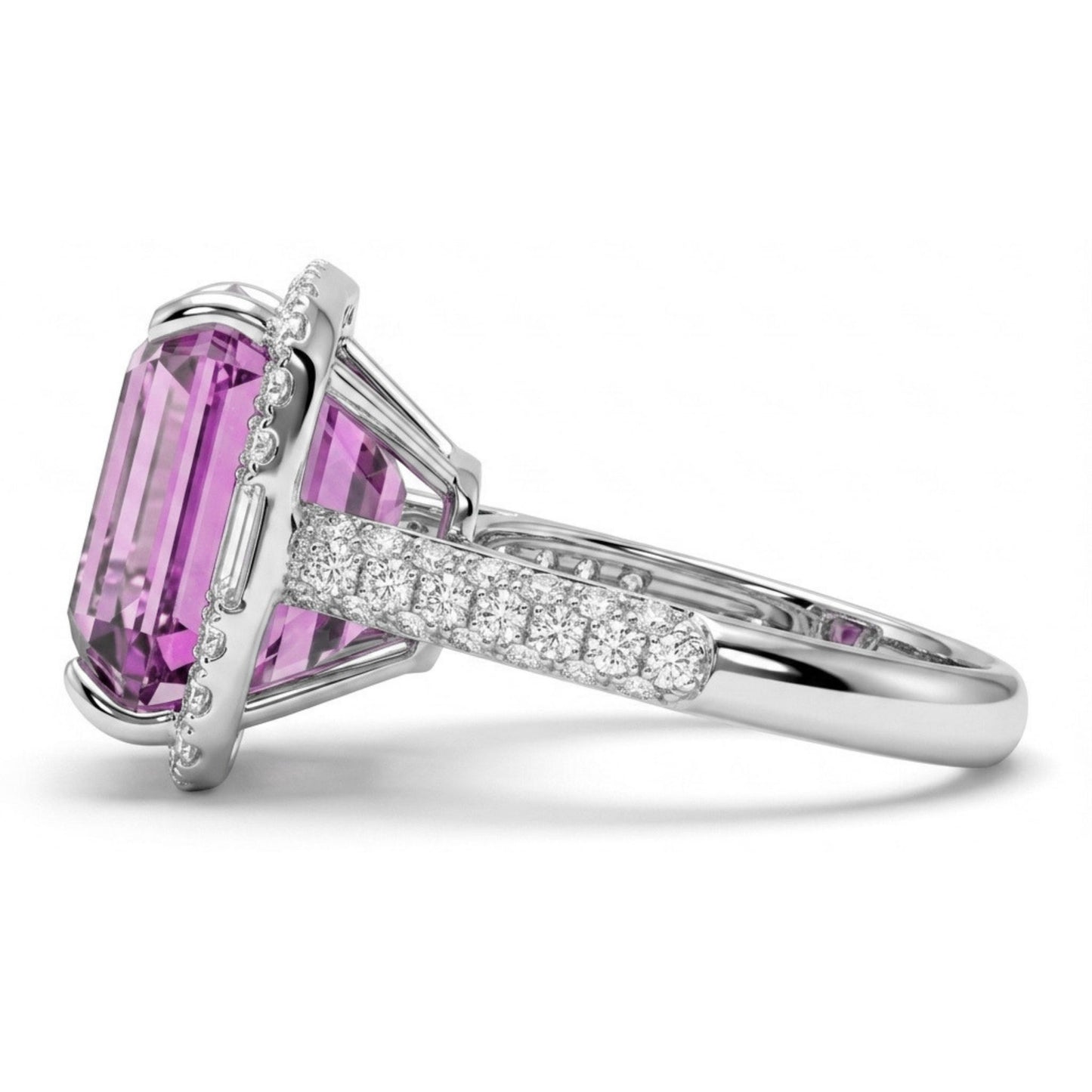18K 11.15ct Emerald Cut Kunzite 1.10cttw VS White Diamonds Ring