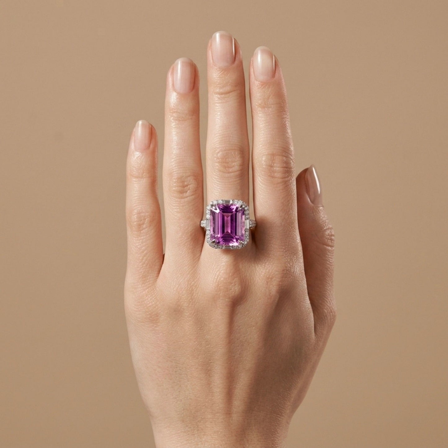 18K 11.15ct Emerald Cut Kunzite 1.10cttw VS White Diamonds Ring