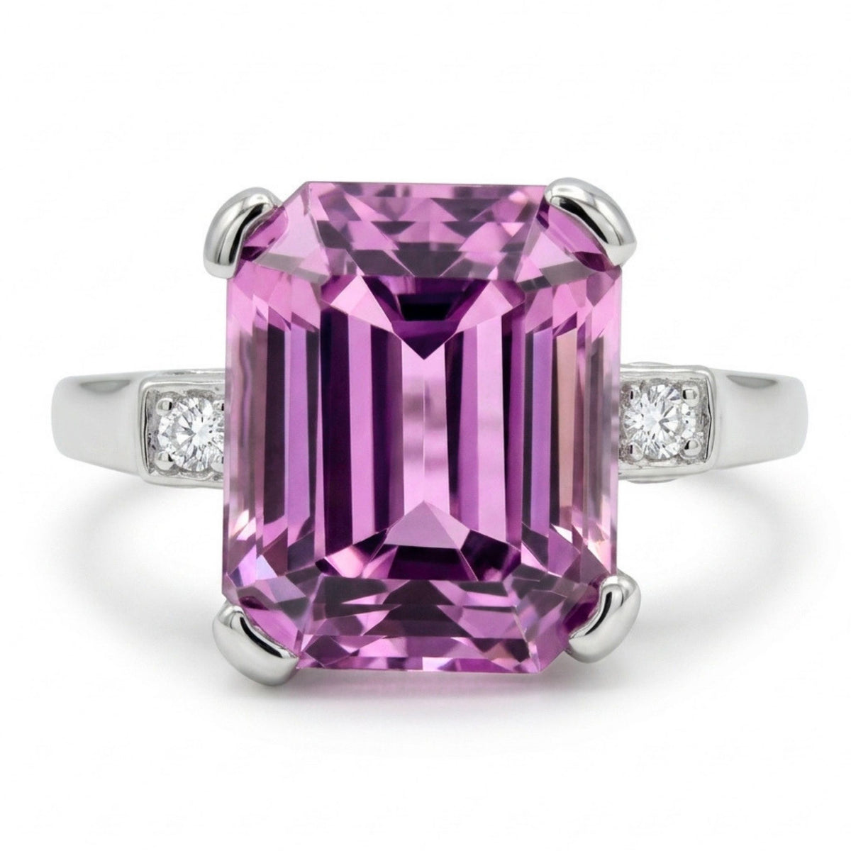 14K gold 4.81ct emerald cut kunzite ring with VS white diamonds