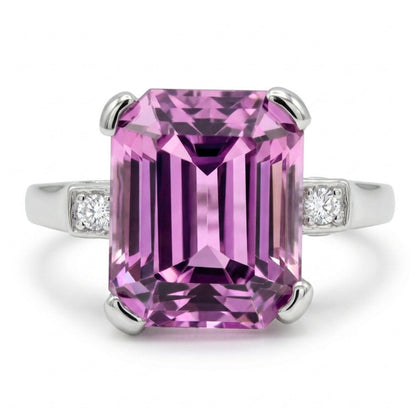 14K gold 4.81ct emerald cut kunzite ring with VS white diamonds