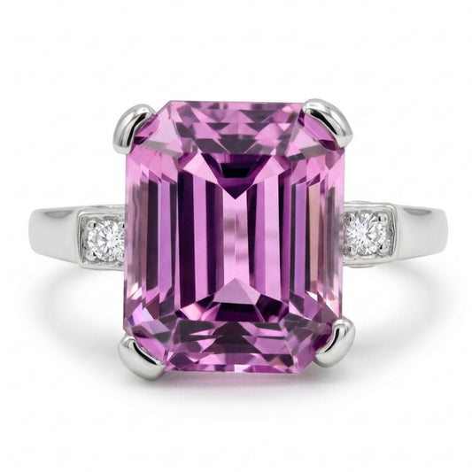 14K 4.81ct Emerald Cut Kunzite 0.10cttw VS White Diamonds Ring