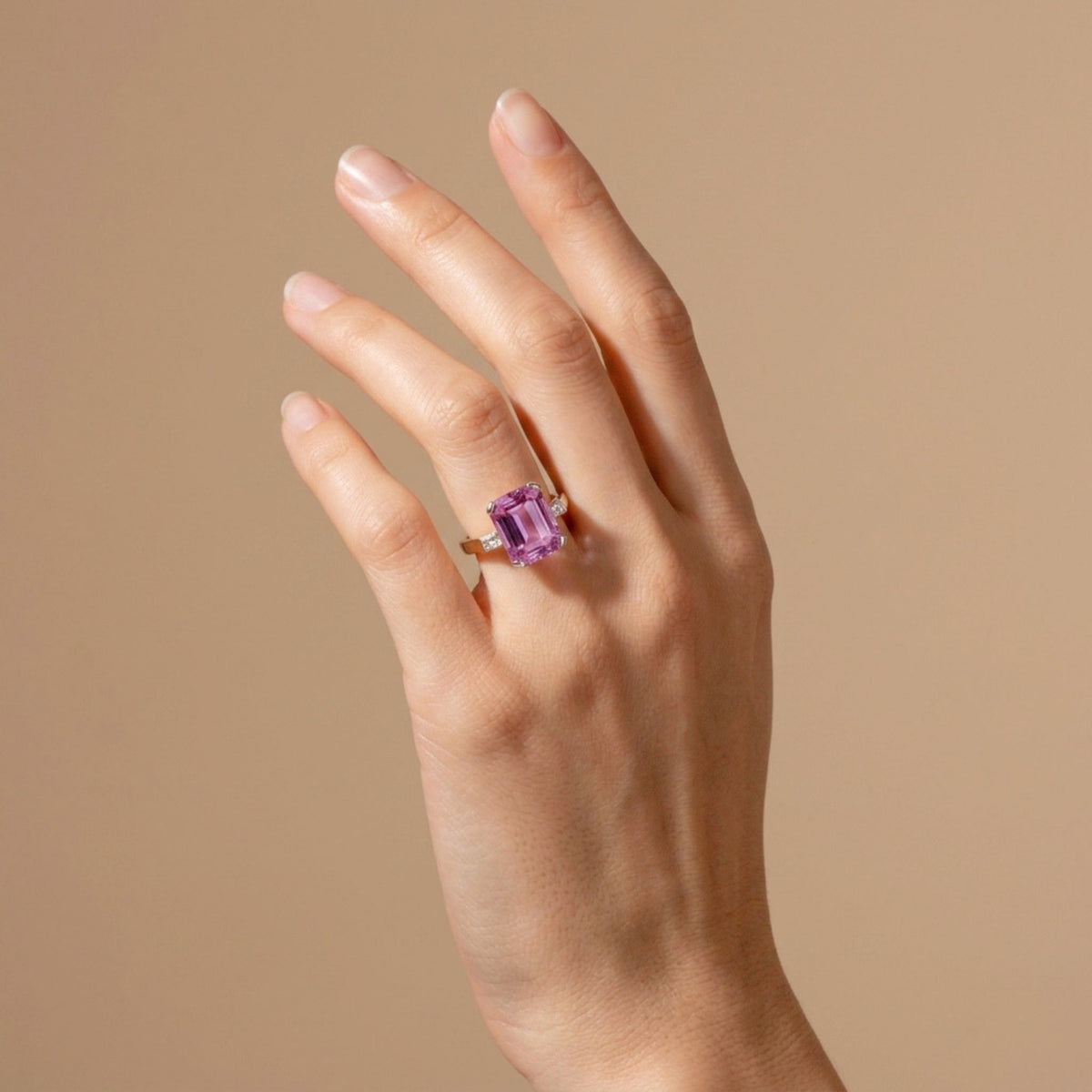 14K gold emerald cut kunzite ring with VS white diamonds