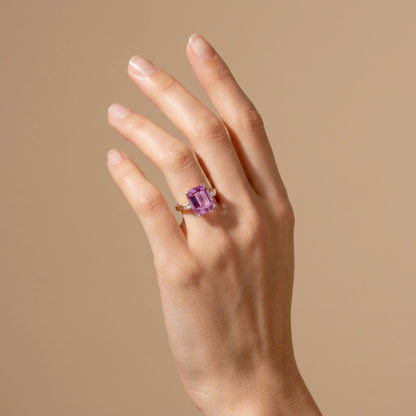 14K gold emerald cut kunzite ring with VS white diamonds