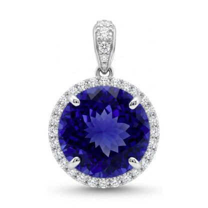 14K 17.55ct Round Blue Wing Tanzanite 1.06cttw VS White Diamonds Pendant