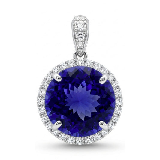 14K 17.55ct Round Blue Wing Tanzanite 1.06cttw VS White Diamonds Pendant