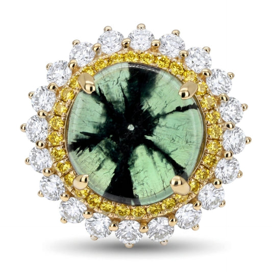 14K gold ring featuring a 2.22ct round trapiche emerald with yellow and white diamonds