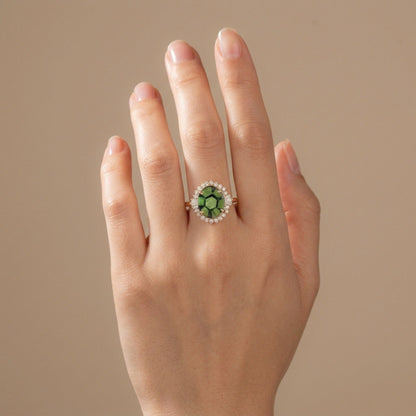 14K gold oval trapiche emerald ring with VS white diamonds