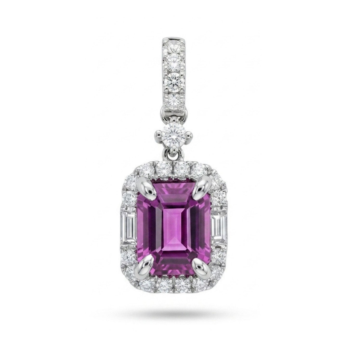 18K 1.03ct Emerald Cut Unheated Hot Pink Sapphire 0.25cttw VS White Diamonds Pendant