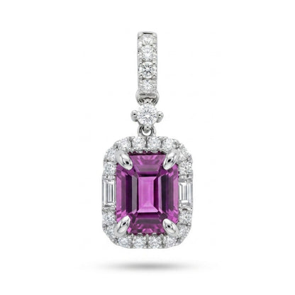18K 1.03ct Emerald Cut Unheated Hot Pink Sapphire 0.25cttw VS White Diamonds Pendant