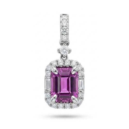 18K 1.03ct Emerald Cut Unheated Hot Pink Sapphire 0.25cttw VS White Diamonds Pendant