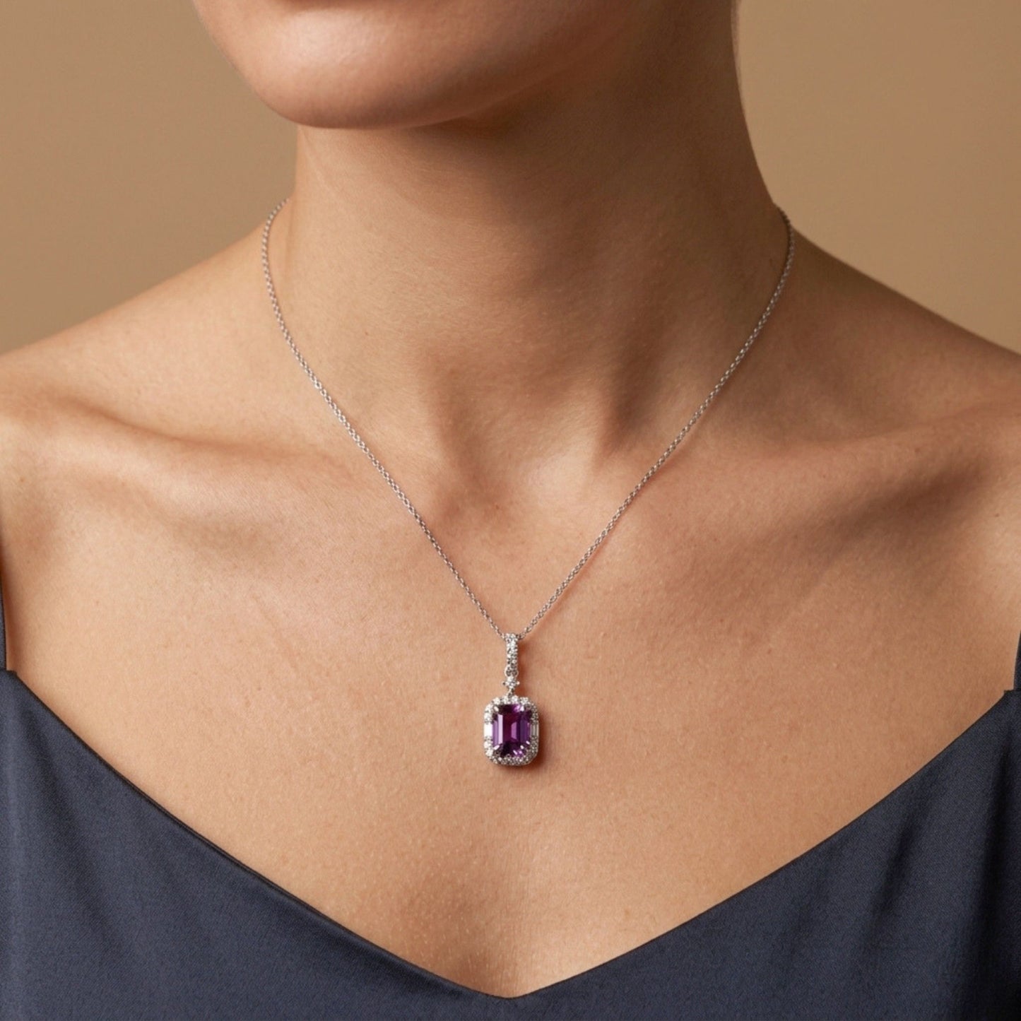 18K 1.03ct Emerald Cut Unheated Hot Pink Sapphire 0.25cttw VS White Diamonds Pendant