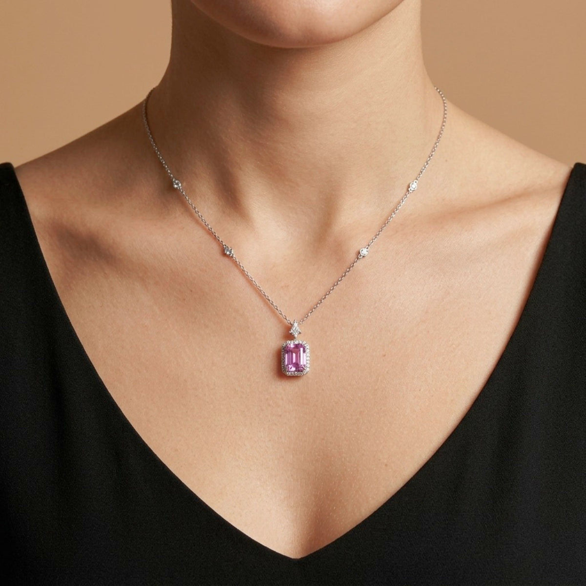 18K 1.24ct Emerald Cut Pink Sapphire 0.26cttw VS White Diamonds Necklace