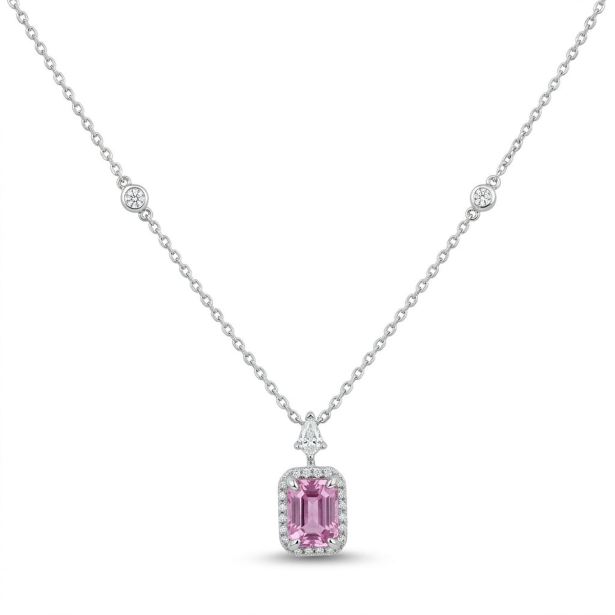 18K 1.24ct Emerald Cut Pink Sapphire 0.26cttw VS White Diamonds Necklace