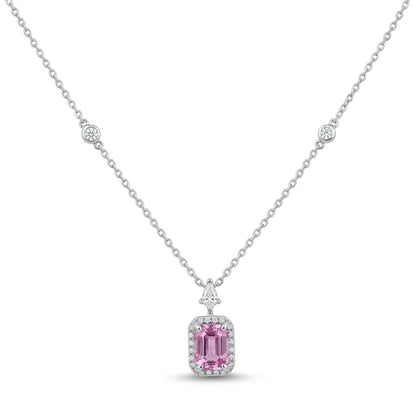 18K 1.24ct Emerald Cut Pink Sapphire 0.26cttw VS White Diamonds Necklace
