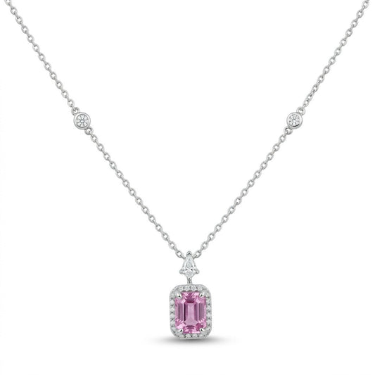18K 1.24ct Emerald Cut Pink Sapphire 0.26cttw VS White Diamonds Necklace
