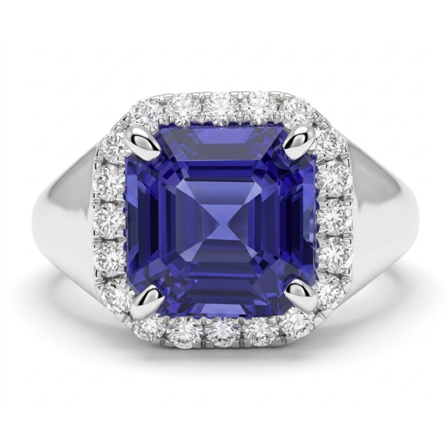 14K 2.70ct Asscher Cut Blue Wing Tanzanite 0.32cttw VS White Diamonds Ring