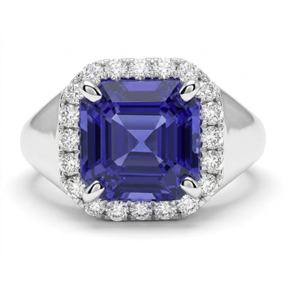14K 2.70ct Asscher Cut Blue Wing Tanzanite 0.32cttw VS White Diamonds Ring
