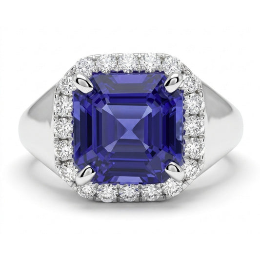 14K 2.70ct Asscher Cut Blue Wing Tanzanite 0.32cttw VS White Diamonds Ring