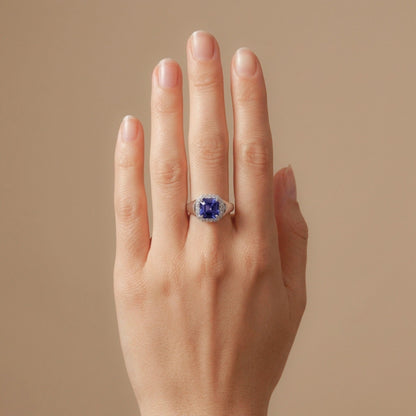 14K 2.70ct Asscher Cut Blue Wing Tanzanite 0.32cttw VS White Diamonds Ring