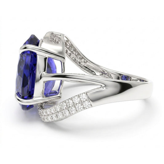 14K 8.22ct Oval Blue Wing Tanzanite 0.39cttw VS White Diamonds Ring
