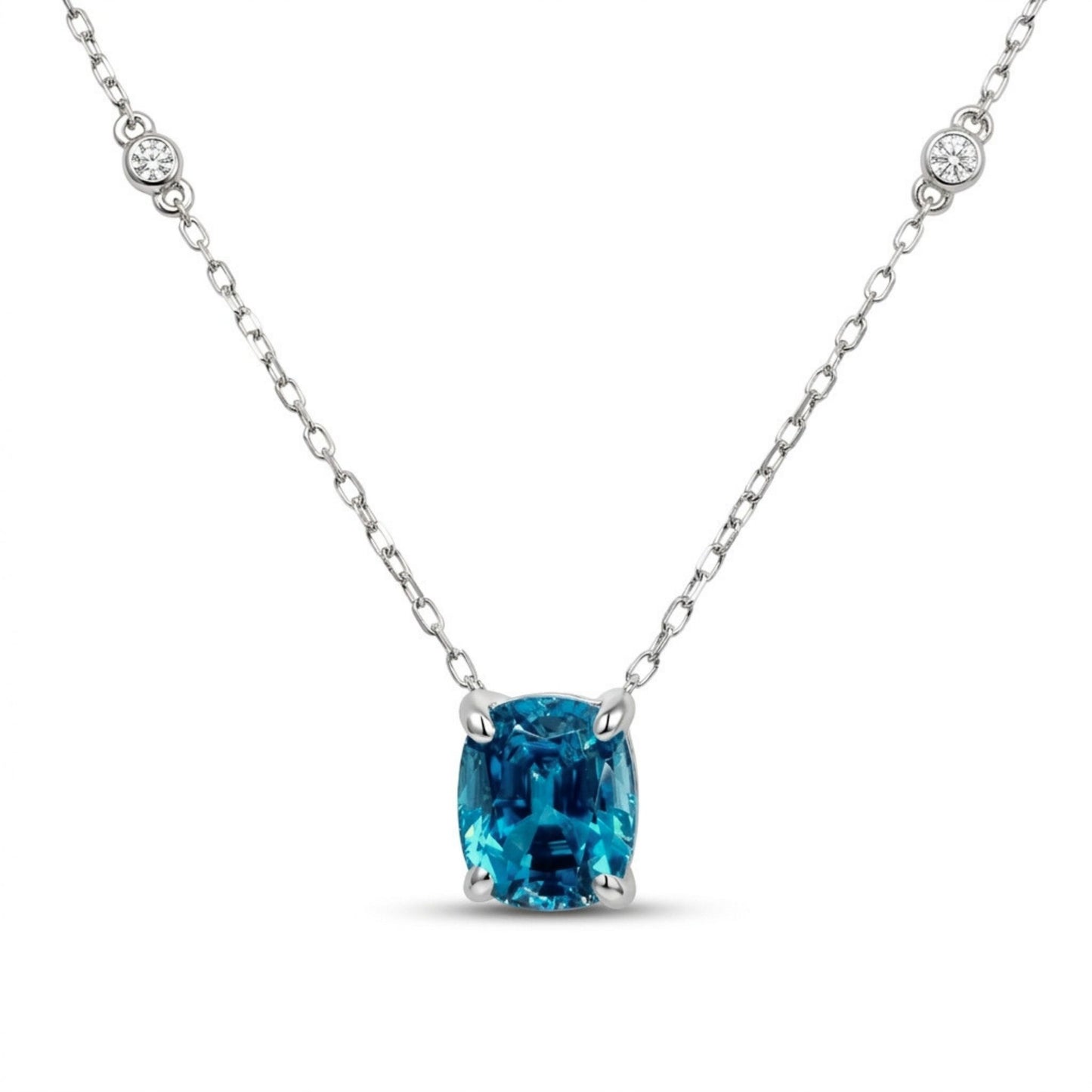 14K 2.76ct Cushion Blue Zircon 0.03cttw VS White Diamonds Necklace