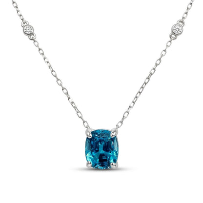 14K 2.76ct Cushion Blue Zircon 0.03cttw VS White Diamonds Necklace