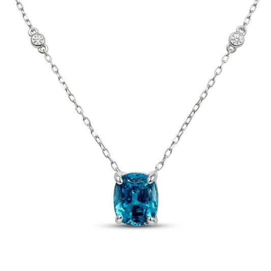 14K 2.76ct Cushion Blue Zircon 0.03cttw VS White Diamonds Necklace